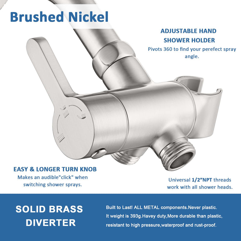 3 Way Shower Diverter Valve with Hand Shower Holder, G1/2 Shower Head Splitter, Shower Arm Diverter, Bathroom Universal Shower System Replacement Part (Brushed) Brushed