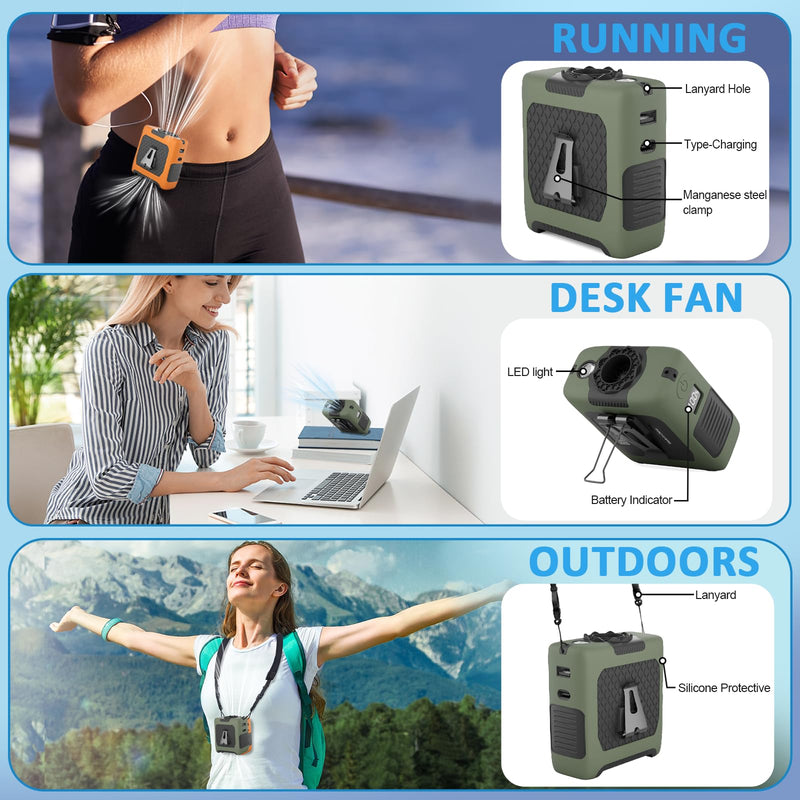 Portable Fan Wearable Personal Fan with 5 Speed Max 55 Working Hours Low Noise Portable Neck Fans Cooling Waist Fans for Camping Traveling LED Power Display 10000mAh Rechargeable (Dark Green) Dark Green