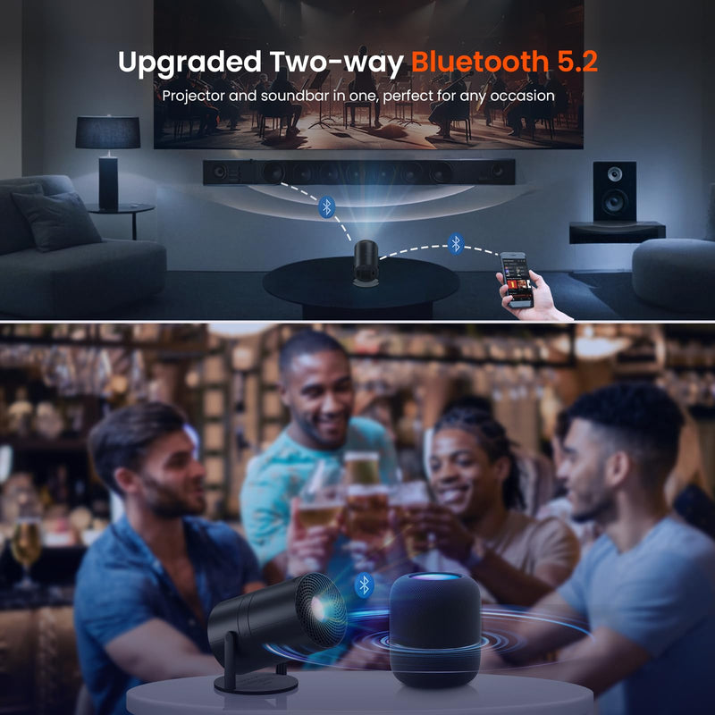 [Two-Way Bluetooth 5.2] Mini Portable Projector 1080P HD Multi-Angle Projection, Tecaki Smart Projector with 180°Rotatable Stand Auto Keystone Correction Long Lens Life for Home Theater Outdoor