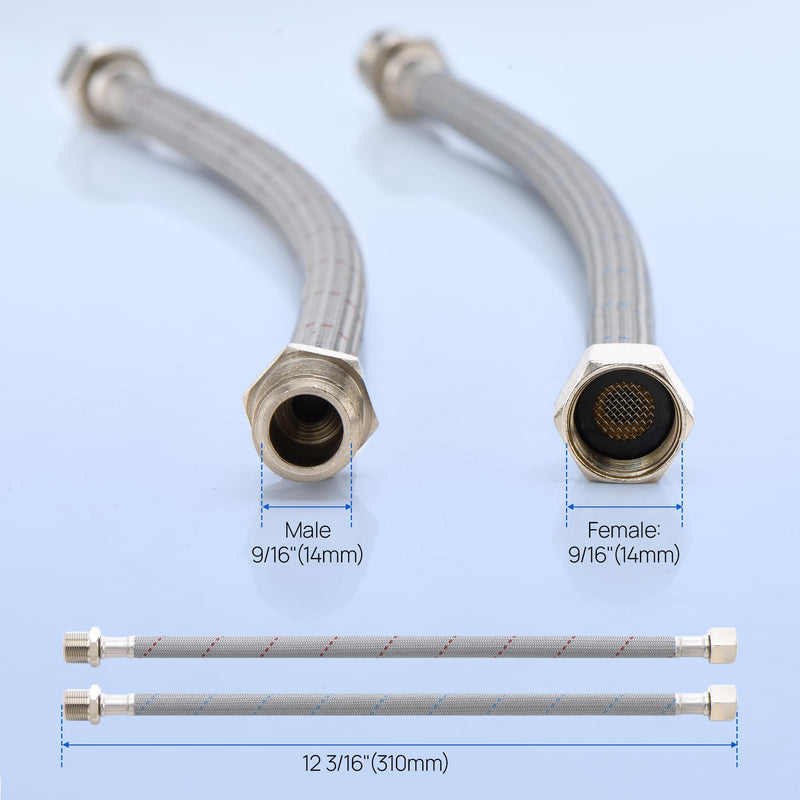 J-HVA Faucet Supply Lines Length 12" x G 3/8, 9/16 Female x 9/16 Male Thread Connector Braided Nylon Extension Hoses for Bathroom Kitchen Sink Faucet Hose Filter, 304 Stainless Steel Nut (1 Pair)