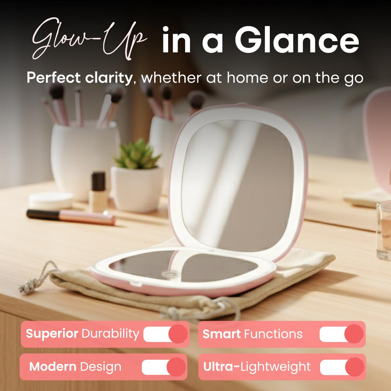 4" LED Compact Mirror – 1x & 10x Magnification | Travel Makeup Mirror with Adjustable Lighting | Handheld & Pocket-Sized Portable Mirror with Protective Pouch (Pink) Pink