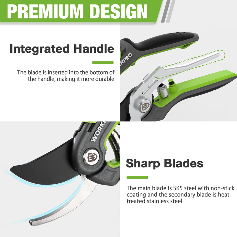 WORKPRO Garden Pruning Shears 2 Pack, 8" Bypass Pruning Shears and 6.25" Straight Garden Scissors, Premium Plant Shears, Garden Clippers Hand Tools for Cutting Flowers, Trimming Plants, Picking Fruits 2PCS Pruning Shears