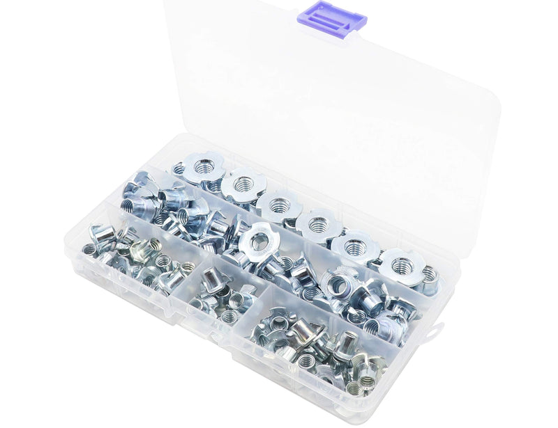 LBY 75pcs T-Nuts, (1/4",5/16",3/8") T-Nuts Four Claws Nut Assortment Kit, Carbon Steel, Galvanized, Silver
