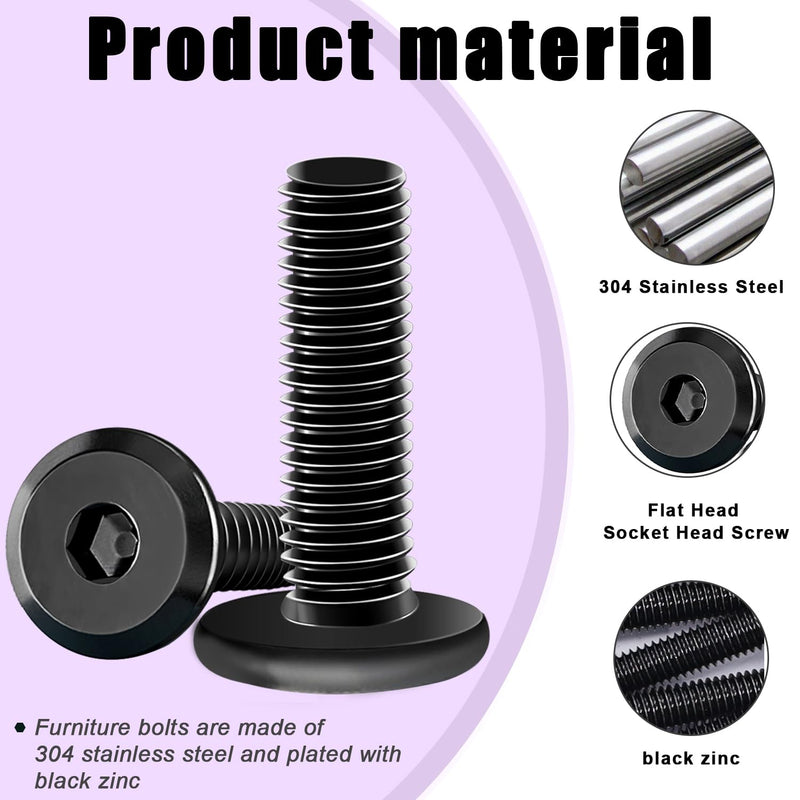 Taiss 30pcs 1/4-20 x 1-1/4" Flat Head Socket Head Screw Furniture Bolts Stainless Steel 18-8(304),Black Zinc Plated Fully Threaded, Countersunk Connector Screws with Hex Spanner 1/4-20 x 1-1/4"