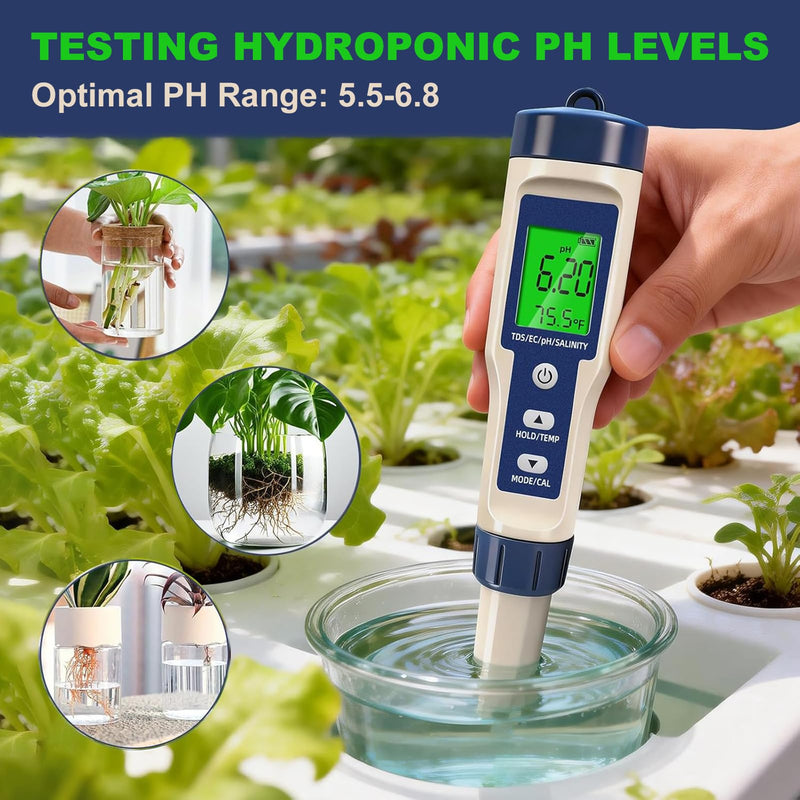 Pool Salt Tester & PH Meter - 5-in-1 Digital TDS Meter for Salinity PH Temp and EC, 0.01 High Accuracy, Swimming Pool, Hydroponics, Aquarium, Hot Tub, PPM Meter for Pool, Drinking Water, Wine