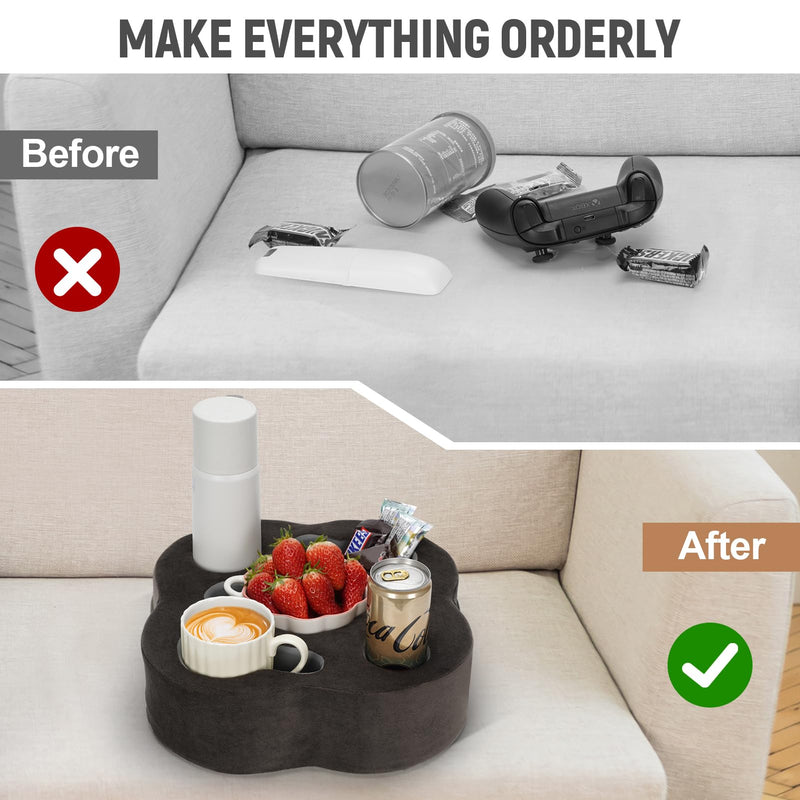 Couch Cup Holder Pillow, Sofa Organizer Caddy Bed Refreshment Tray for Drinks, Remotes, Phones, Snacks (Soot) 12*12*3.7 Inch Soot