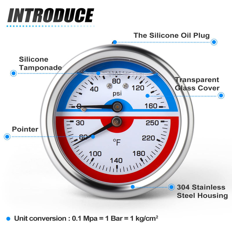 MEANLIN MEASURE 0-160Psi Stainless Steel Thermal Pressure Gauge 30-250℉ 1/4" NPT 2.5" FACE DIAL Liquid Filled Pressure Gauge, with 1/4" x 1/2" NPT and 1/4" x 3/8" NPT Hex Bushing,Back Mount Back Mount