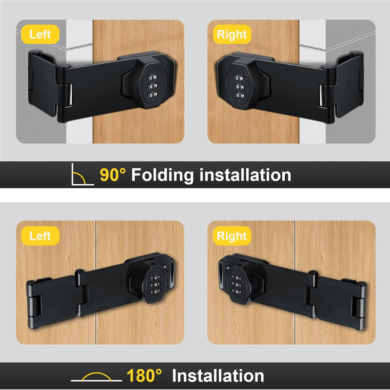Cabinet Door Locks, 4 Inch Collapsible Password Rotary Hasp Locks File Cabinet Locks, for 90/180 Degree Drawers, Cupboard, Cabinets, Small Doors, Barn Door, Outdoor Fence, 2 Pack (Black) Black