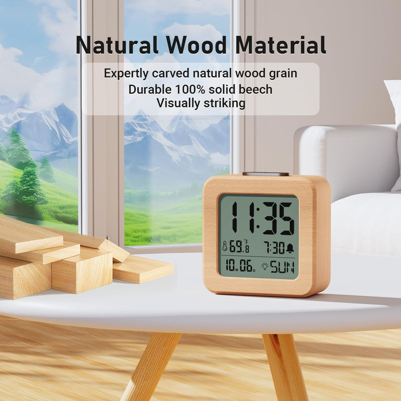 CHEREEKI Battery Operated Clock with Real Wood Case, Loud Alarm, Snooze, Automatic Light Sensor, Temperature, Date and Day of the Week Display (3 AAA Batteries Included)