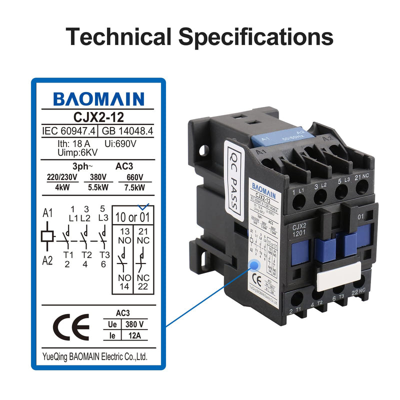 Baomain 3-Pole AC Contactor CJX2-1201 110VAC Coil, 3NO+1NC Auxiliary, 660V 3-Phase, DIN Rail Mount,for Motor Starters, Pumps, and Industrial Control Panels 1 AC 110V