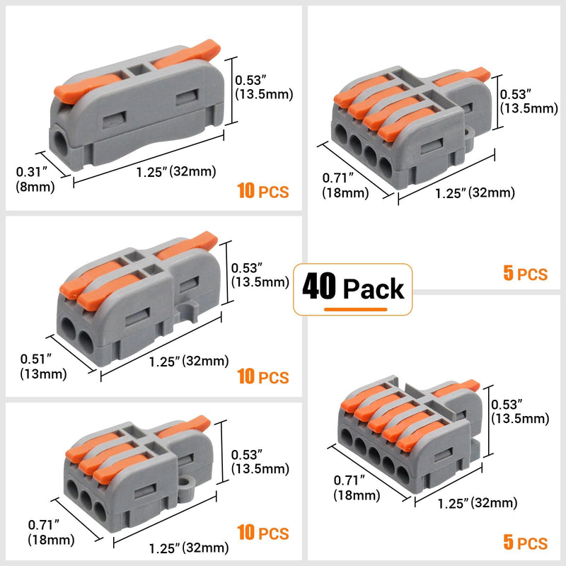 40PCS Lever Wire Connector,1 in i Out-1 in 5 Out Wire Splitter,Compact Wire Connectors Splicing Connectors for Circuit Inline 28-12 AWG