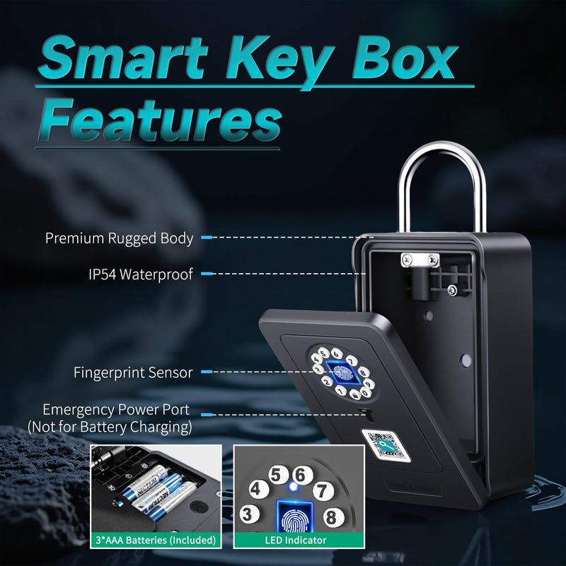 SFW New Smart Lock Boxes, Fingerprint Key Box Bluetooth Key Box with App Control & Passcode, Waterproof Wall Mounted & Door Hanging Security Lock Box (Fingerprint Unlock) Fingerprint Unlock