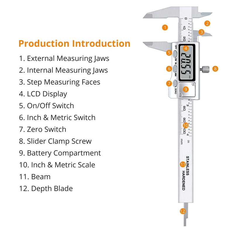 Neoteck 4 inch/100mm Digital Caliper, Stainless Steel Electronic Calipers Measuring Tool inch/mm Conversion, Large LCD Screen 4 inch Digital Caliper