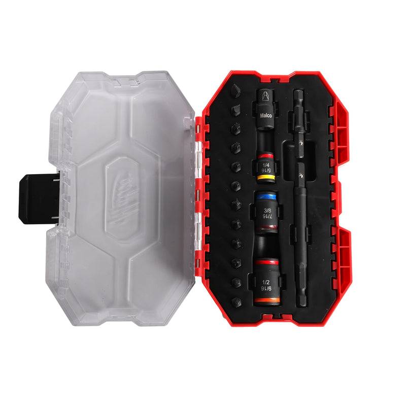 Malco KITCRB C-RHEX Socket Install Kit with Premium Case -Cleanable Reversible Hex Sizes (1/4"-9/16"), 2 Magnetic Shafts, 12 Impact-Rated Bits