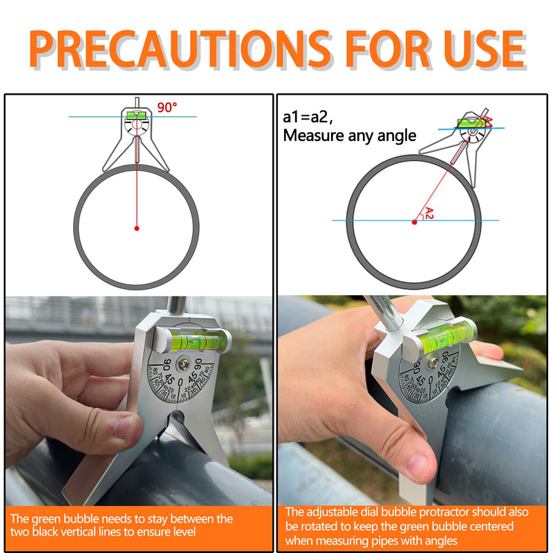 Upgraded Pipe Center Finder, Measure Pipe Diameter, Pipefitter Tools With Centering Head, Measure Pipe Diameter Over 0.5" & up With 4" Y-Type Base and Adjustable Dial Bubble Protractor Silvery