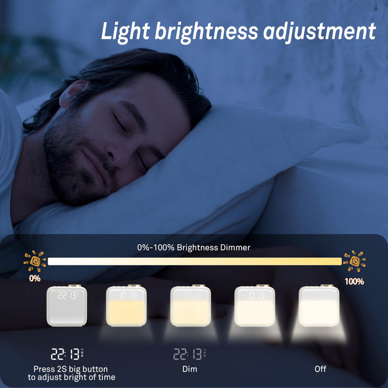 AIRIVO Alarm Clock Night Lights, Built-in Battery Alarm Clock for Bedrooms, 6 Scenes & White Noise Sync, Dual Alarms & Snooze, for Heavy Sleepers, Gifts for Kids Teens Beige