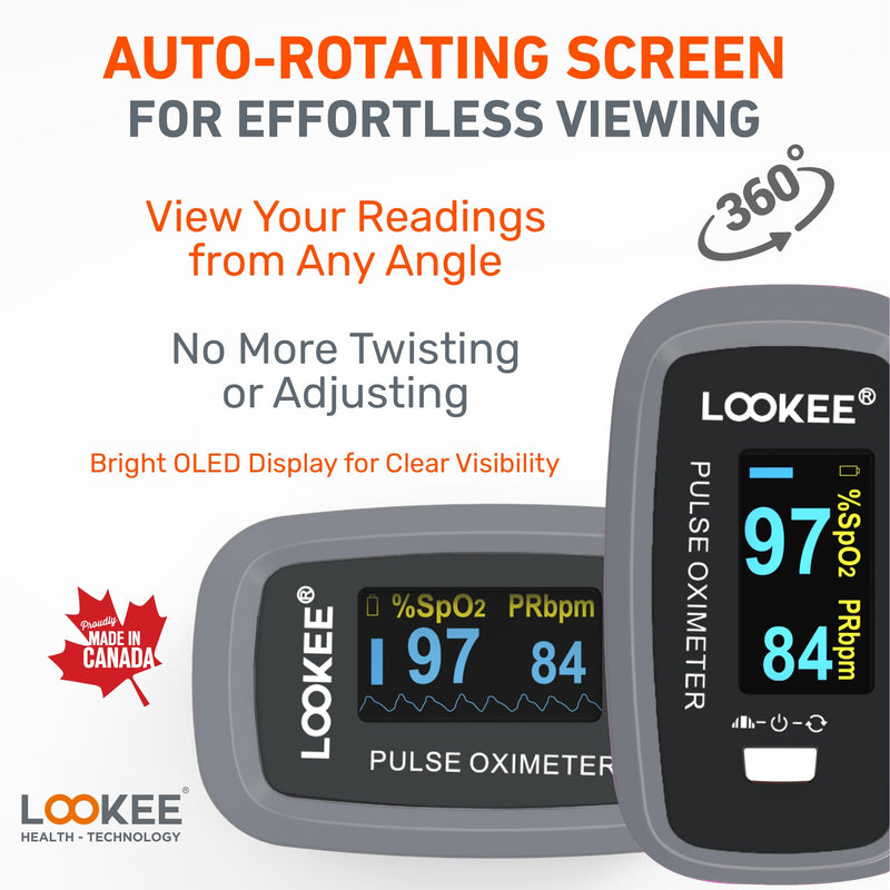 LOOKEE LK50D1 Deluxe Fingertip Pulse Oximeter - Finger SpO2 Blood Oxygen Saturation Monitor with Auto Rotate OLED Display Plethysmograph Waveform & Pulse Graph - Batteries Included Gray
