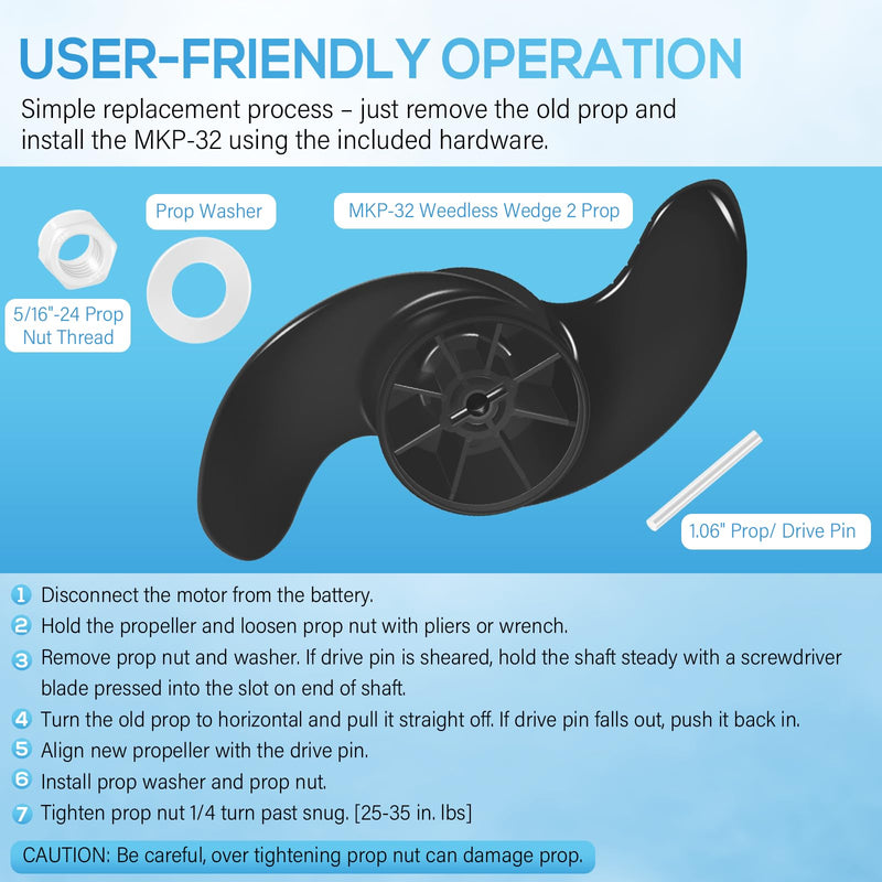 Bonbo MKP-32 Weedless Wedge 2 Propeller Fits for Minn Kota 3-5/8" Diameter Motors, 1865017 Trolling Motor Prop Fits for Terrain, Edge, Endura, Maxxum, PowerDrive, Riptide