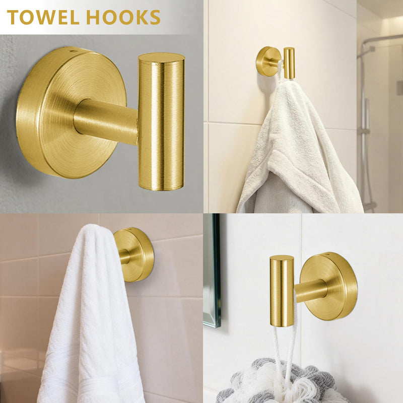 Bathroom Hardware Set Includes Towel Ring, Toilet Paper Holder and 2 Towel Hooks, SUS304 Stainless Steel Modern Wall-Mounted Bathroom Set, Rustproof Bathroom Fitting Set (Brushed Gold) Brushed Gold