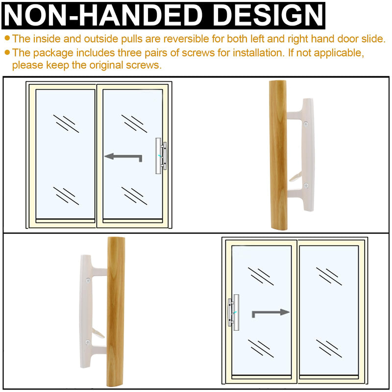 Sliding Glass Patio Door Handle Set with Key Cylinder, Fit for 45° Mortise Latch Lock Not Included, Oak Wood Inside Handles and Zinc Diecast Outside Pull, 3-15/16" Hole Spacing, White