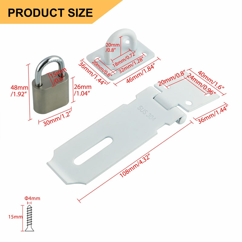 Alise Hasp Lock with Padlock,Door Hinge Lock Padlock,Clasp Hasp Latch Hinges Lock for Doors,4 Inch SUS 304 Stainless Steel Chest Latches Set,White Finish,MST009-W 4 Inch White