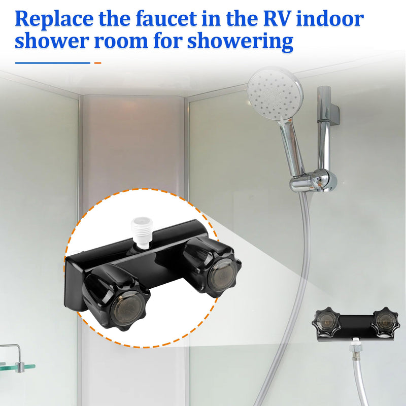 RV Shower Faucet Camper Shower Faucet Replacement, 4” Shower Valve Diverter Assembly with Dual Smoked Acrylic Knobs for Outside and Inside Bathroom, Black