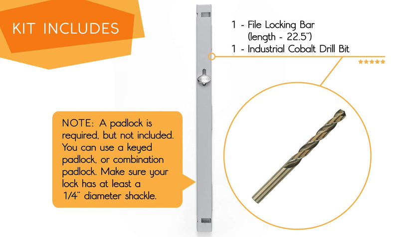 File Cabinet Locking Bar. Fits 2 Drawer File Cabinets. Includes Cobalt Drill Bit. (Gray) Gray