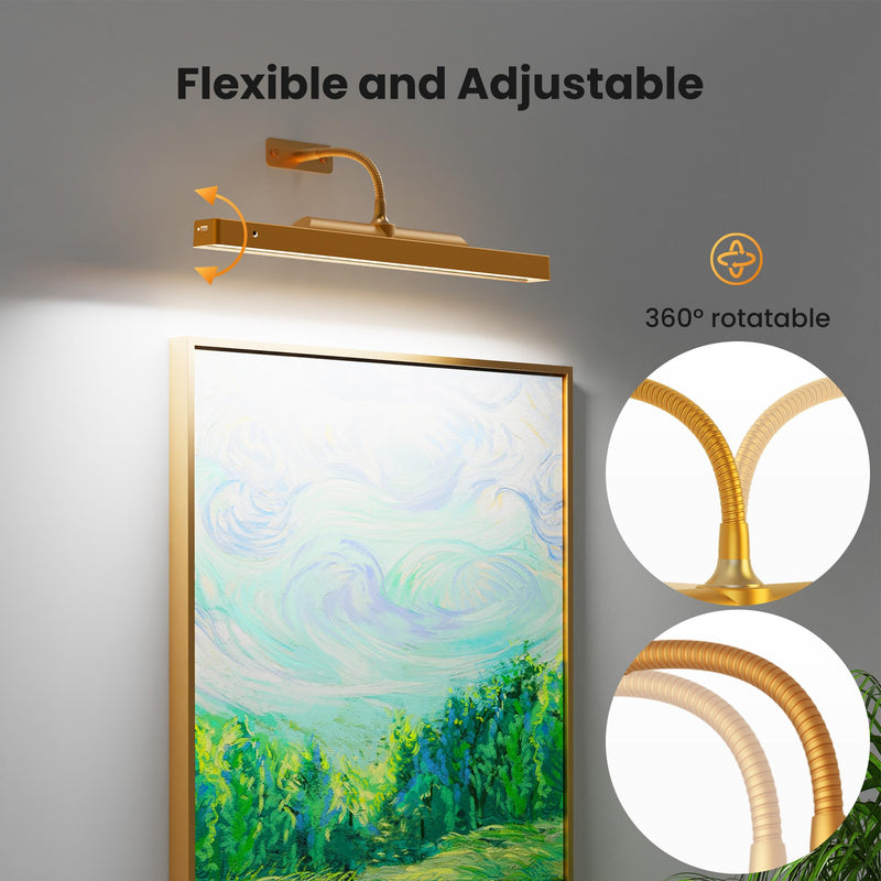 Picture Light Gold, 16in Battery Operated Picture Lights for Paintings,Remote Control Display Art Light with Timer and Dimmable for Wall Painting,Frame, Portrait, Photo,Dartboard 1 Pack