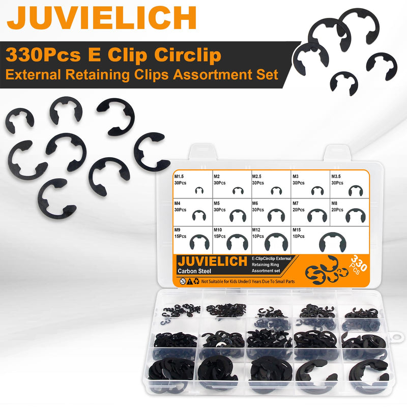 E Clip Circlip Assortment Kit 330PCS 14 Size Carbon Steel External Retaining Rings Washer E-Ring Metric Circlip Rings Kit for Bearings Gears Pulleys and Axles Includes Sizes of M1.5-M15 Black Alloy 330PCS E-Clips