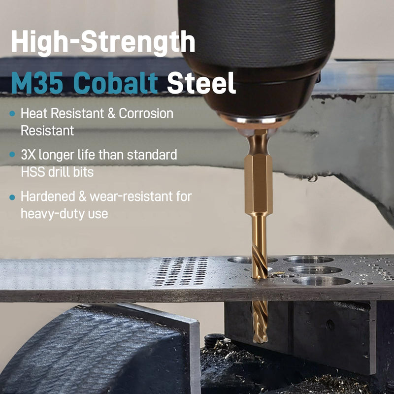 7Pcs Cobalt Stubby Drill Bit Set M35 HSS 1/4" Hex Shank 3/32"-3/8" | Short Drill Bits for Wood Plastic Hardened Steel Stainless Steel 135° Split Point Heavy Duty Hex Shank Drill Bit Set