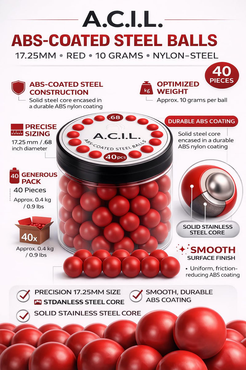 A.C.I.L. ABS-Coated Steel Balls, 17.25mm, Red, 10 grams Nylon-Steel .68, 40 Pieces