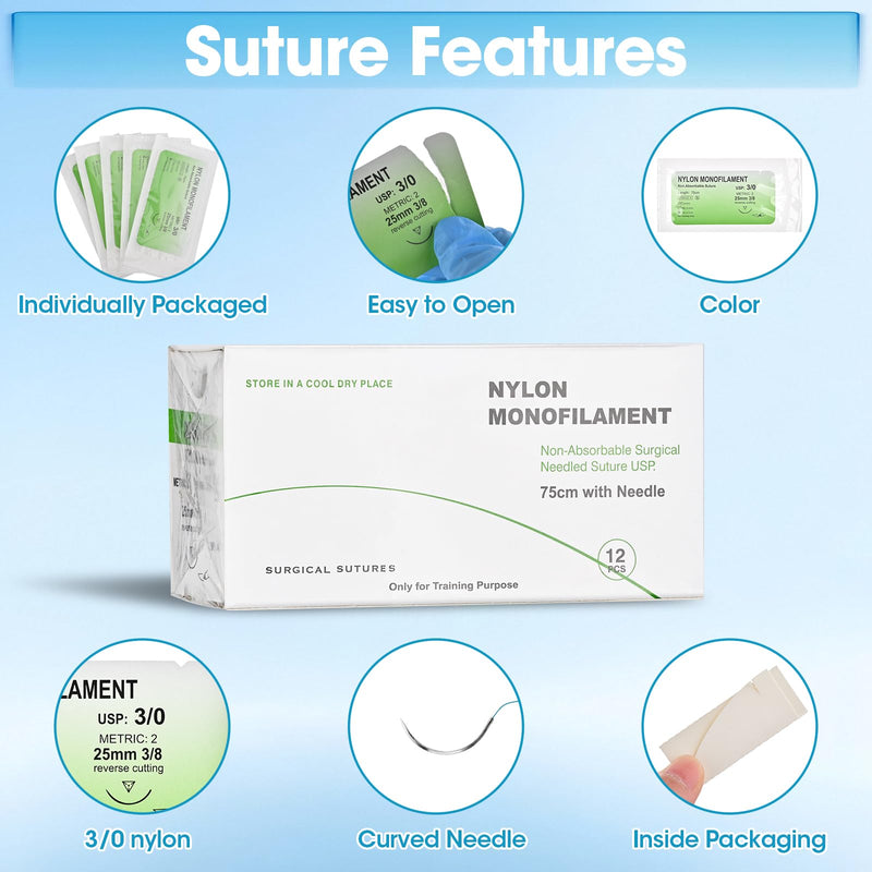 Suture Practice Thread with Needle Kit, Suturing Thread for Students Training Only, 3/0 Nylon Monofilament Stitches Knot Tying Kits for Sutures Pads, Fruit peels(12 Pack) noly-3/0-12