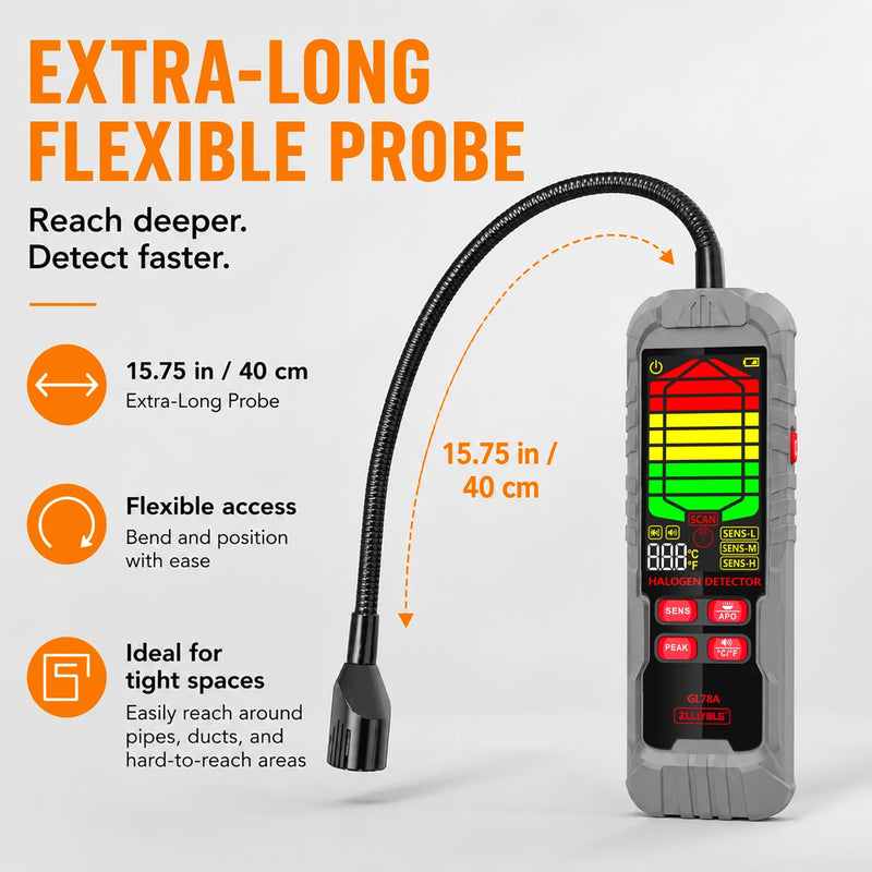 GL78A Halogen Leak Detector, Refrigerant Gas Leak Tester for HVAC R22 R32 R134a R410A, with Flexible Probe, 3 Sensitivity Levels, Audible & Visual Alarm for AC Automotive Industrial Use-Gray gray