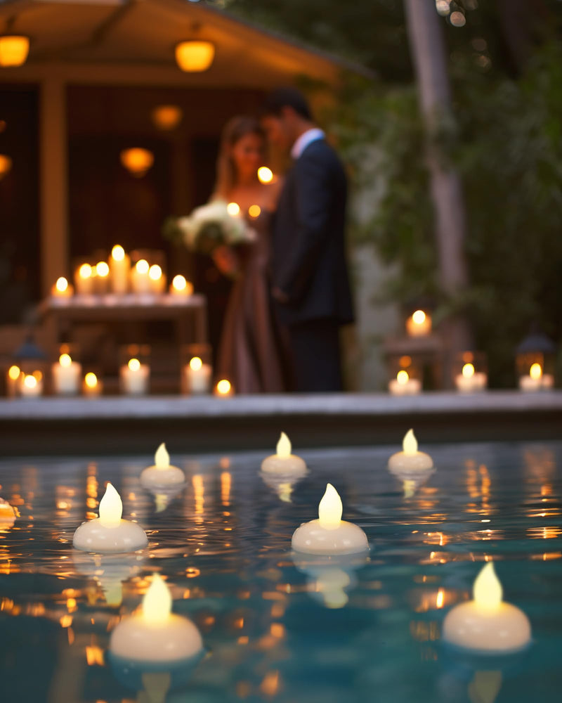 Homemory 24 Pack Waterproof Flameless Floating Tealights, Warm White Battery Flickering LED Tea Lights Candles - Wedding, Party, Centerpiece, Pool & SPA Warm White (24Pack)