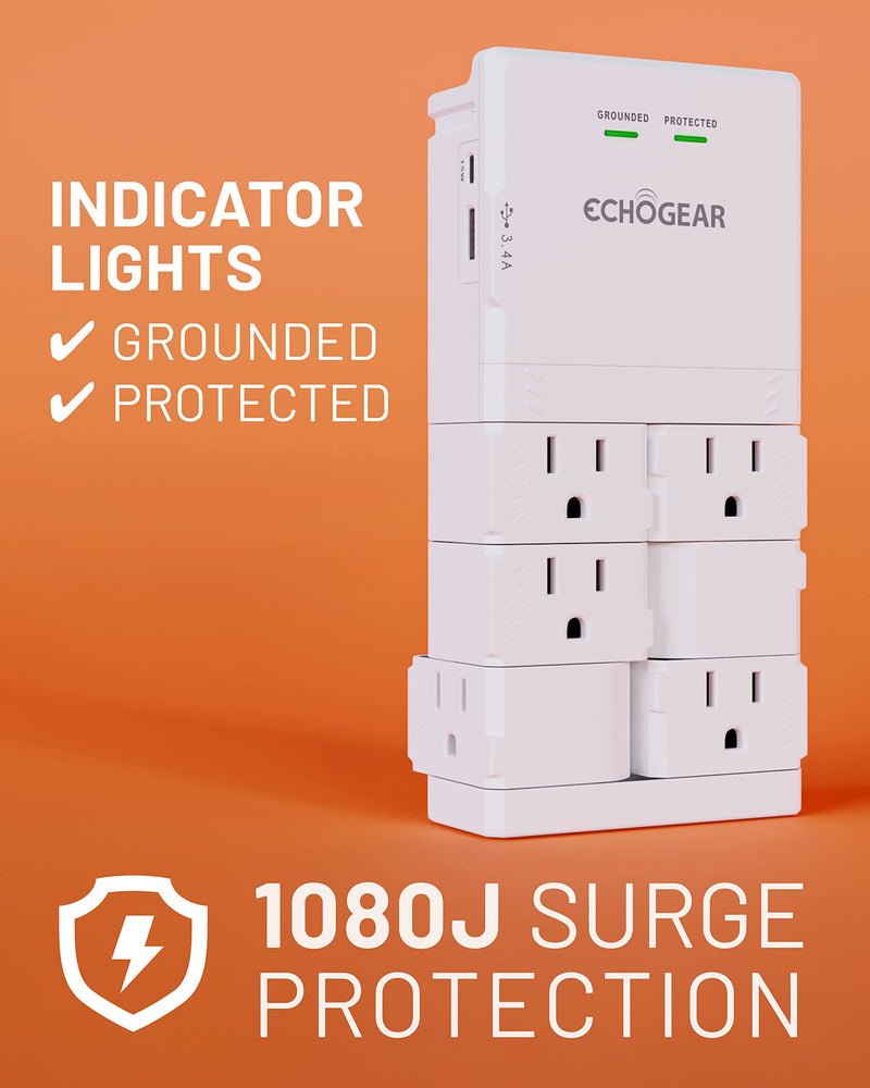 ECHOGEAR Wall Outlet with USB Ports & Surge Protection - Power Protect 8 Devices 6 Rotating AC Plugs 2 Includes 1x USB-C Port USB-A White White With USB-C & USB-A