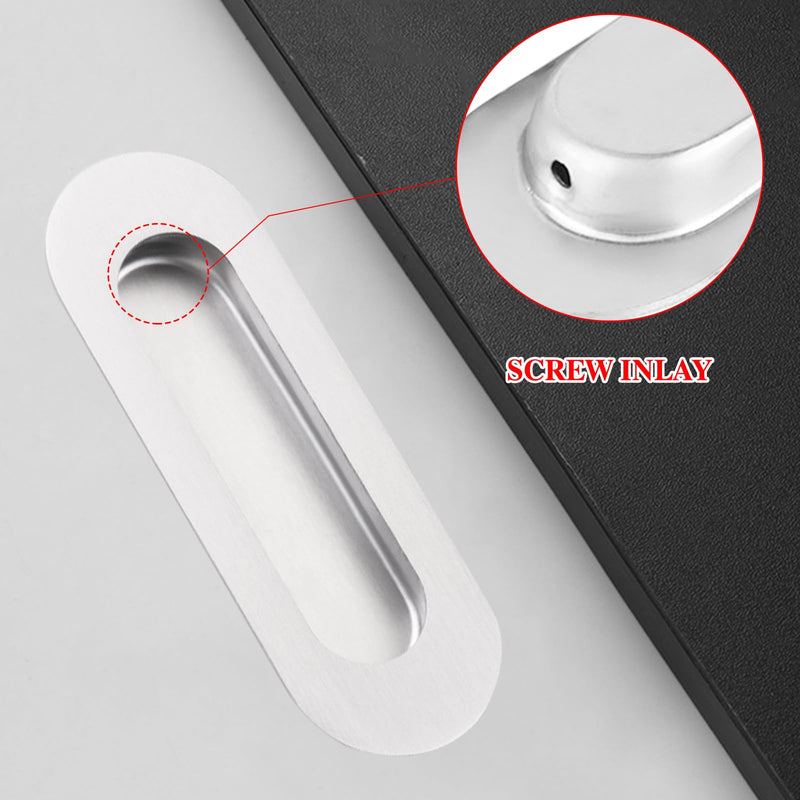 Pocket Door Handle with Edge Pull,6 inch Oval Recessed Flush Pocket Door Pulls,304 Stainless Steel Pocket Door Hardware, Hidden Edge Pull with Push Automatic Bounce Switch,Silver Silver 6 Inch