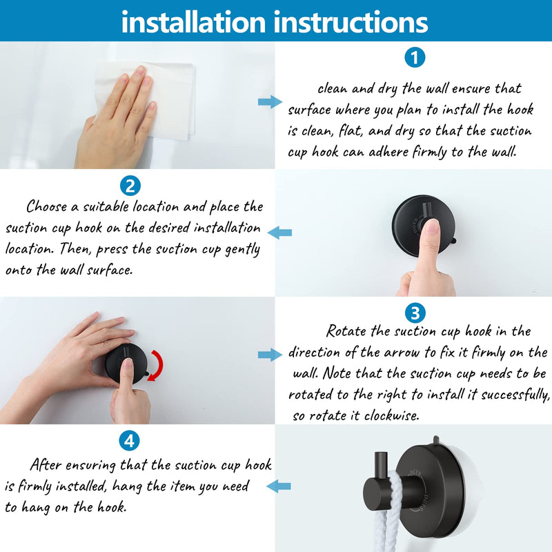 DGYB Suction Cup Hooks for Shower Set of 2 Towel Hooks for Bathrooms SUS 304 Stainless Steel Matte Black Shower Hooks for Loofah 15 LB Bathroom Hooks for Towels
