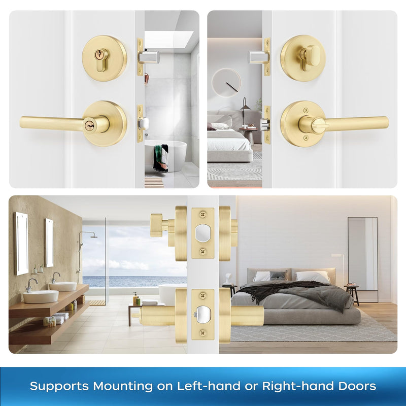Leydebong 1 Pack Gold Heavy Duty Entrance Lever Door Handle (for Office and Front Door) Reversible for Right and Left Side Single Keyed Square Deadbolt Lock Set, Finish in Satin Brass Single Keyed Deadbolt Lockset (Keyed Alike)