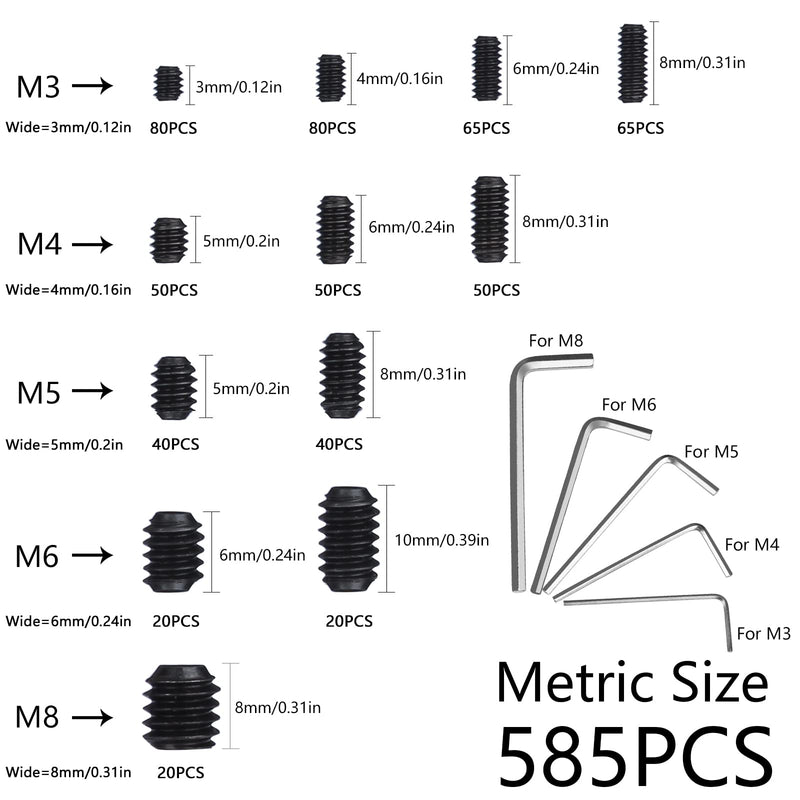 1000pcs Metric + SAE Set Screw Assortment Kit, Internal Hex Drive Cup-Point Allen Screws Set 12.9 Class Alloy Steel Grub Screw (M3-M8, 1/8"-40 to 5/16"-18) Black Set Screws 1000PCS