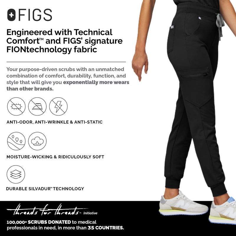 FIGS Zamora High Waisted Jogger Style Scrub Pants for Women — Slim Fit, 6 Pockets, High Rise Yoga Waistband Women Scrub Pants Regular Small Black