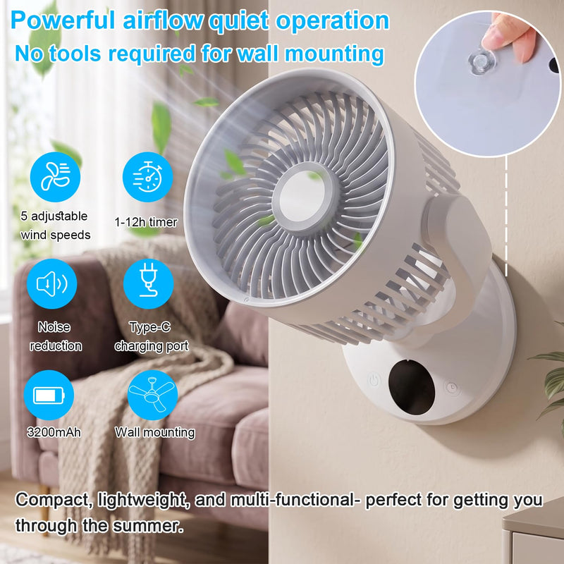 Desk fan for Bedroom, Desk Air Circulator Fan, Air outlet diameter 5.51 in，60ft Powerful Airflow,115° Vertical Manual,Sweeps 90°，Can be hung，5 Speeds,0-12H Timer, with Remote, Quiet Fan, Home (white) white