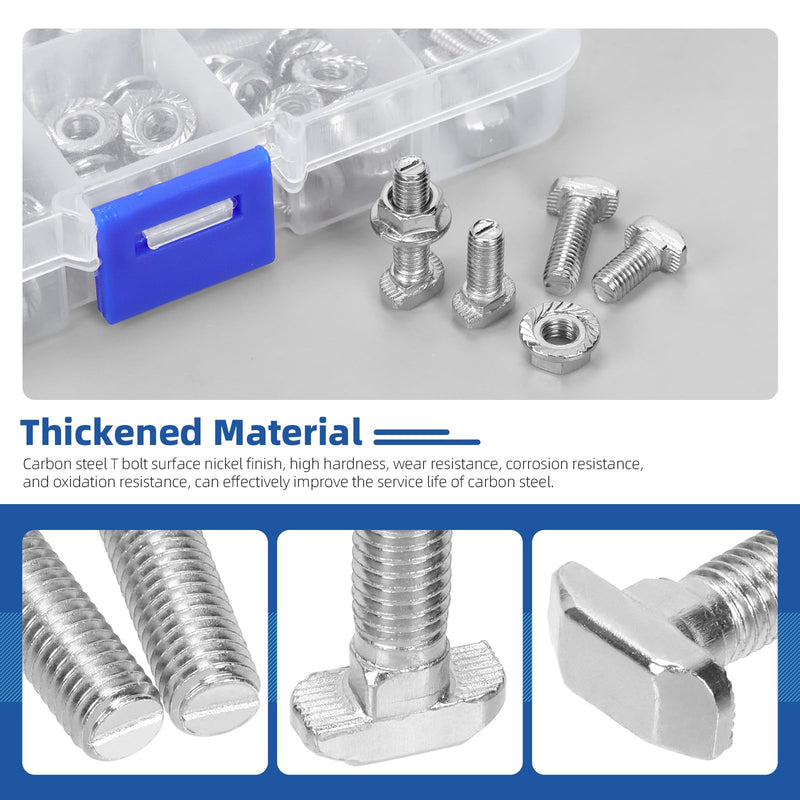 Glarks 80pcs M5 T Slot Drop-in Bolt with Hexagon Flange Nut Set, 10/12/16/20MM Hammer Head T-Bolt, T Shape Stud Sliding Screw, T Screw Stud for European Standard 20 Series Aluminum Profile
