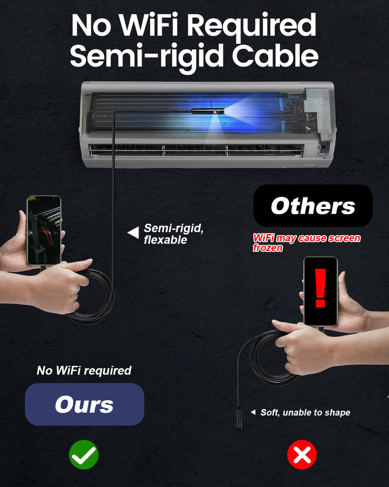 Endoscope Camera with Light, 1920P HD Borescope Pipe Inspection Camera with 8 LED Lights, Waterproof 16.4FT Semi-Rigid Snake Camera, Industrial Bore Scope for iPhone Android Phone Dual Lens
