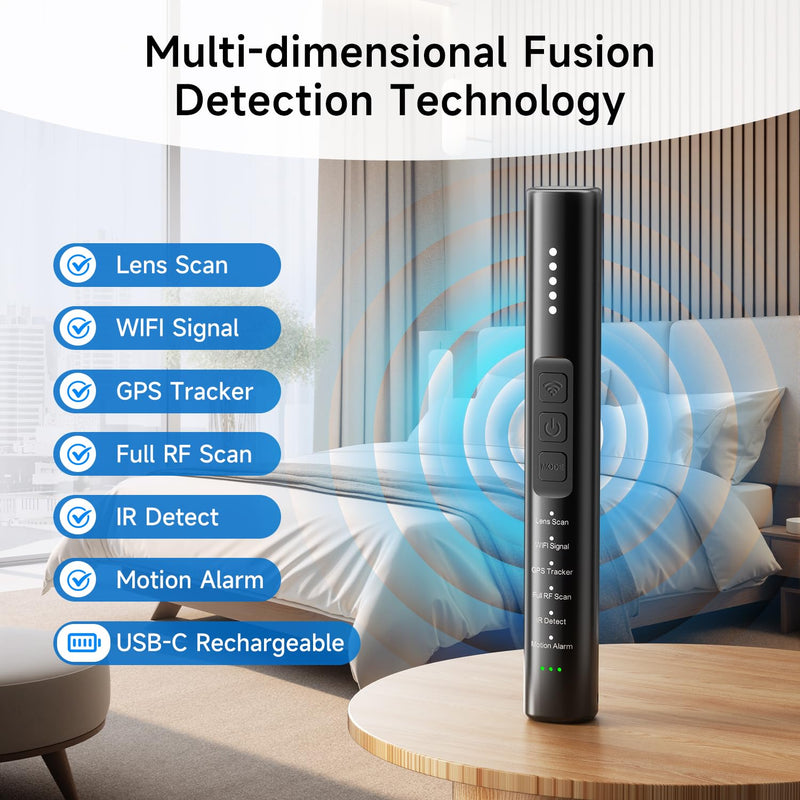 Upgraded Multi-Function Hidden Camera Detector - Precision Detection, GPS Tracker Detector, Anti-Spy RF Detector & Camera Finder for Airbnb, Hotels, Travel, and Fitting Rooms Black