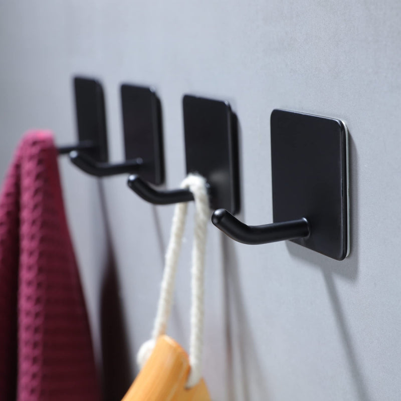 YIGII Adhesive Towel Hooks - 4 Pack Towel Hooks for Hanging Robes Coat Hooks Stick on Wall Hooks Stainless Steel, Matte Black Black-L