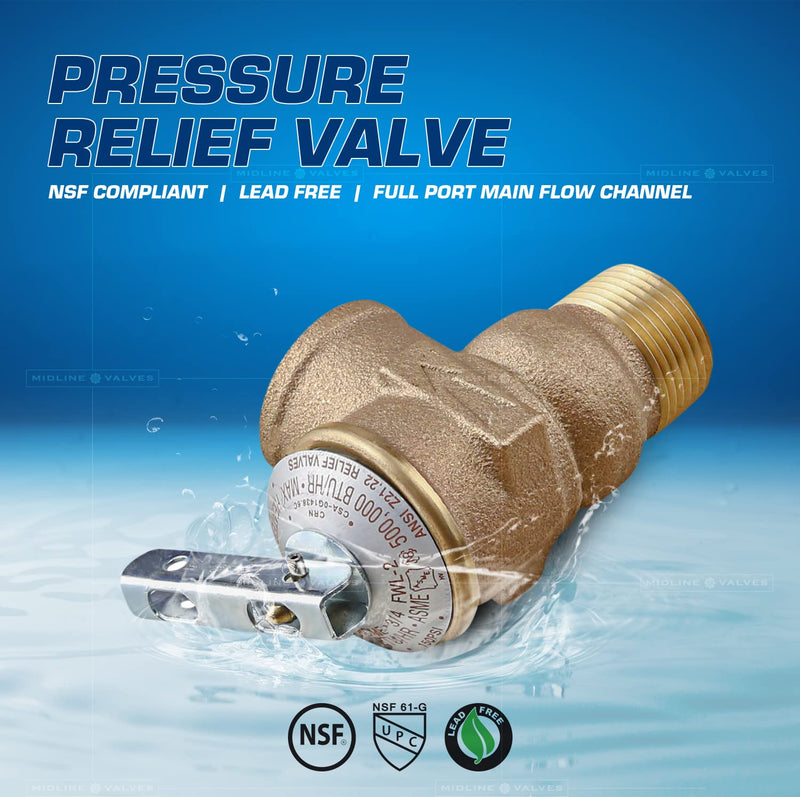 Midline Valve GUHW-QSW256 Pressure Relief Valve for Tankless Water Heater, Forged Brass, 3/4 in. FIP x MIP Single Pack 3/4 in.