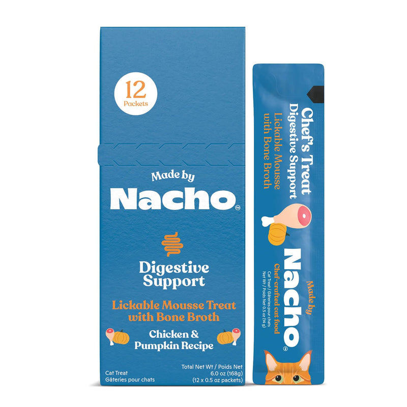 Made by Nacho Digestive Mousse Sachets, Lickable Cat Treats, 12 Count with Bone Broth, 0.5 oz, No Grains, Corn, Wheat or Soy Chicken and Pumpkin 0.04 Fl Oz (Pack of 12)