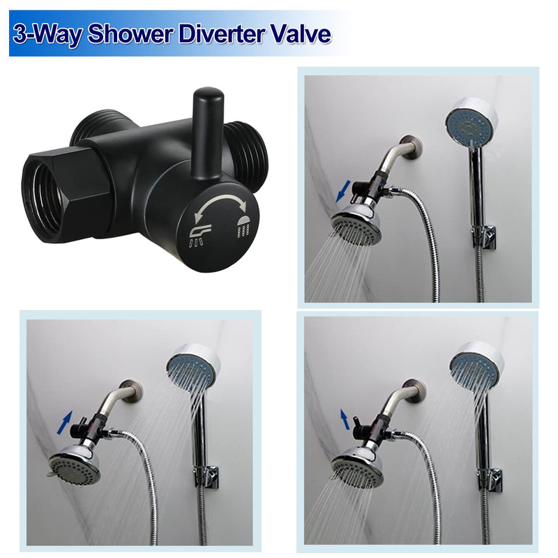 Brass Shower Arm Diverter Valve for Hand Held Showerhead and Fixed Spray Head,G 1/2 3-Way Bathroom Universal Shower System Replacement Part (Matte Black) Matte Black