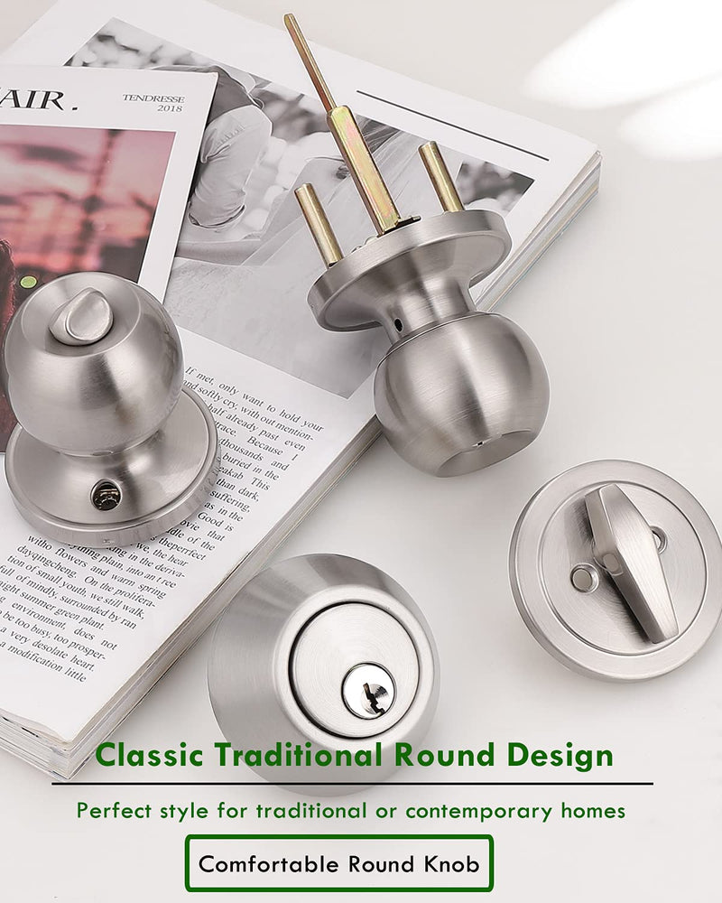 home improvement direct 3 Pack Keyed Alike Entry Door Knobs and Single Cylinder Deadbolt Lock Combo Set Security for Entrance and Front Door with Classic Satin Nickel Finish Satin Nickle