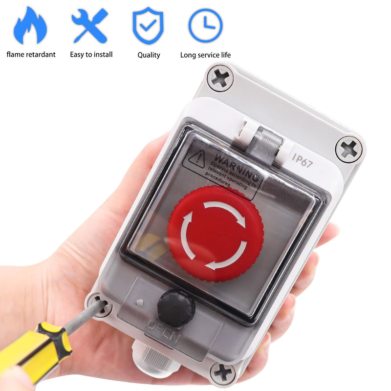 Taiss Emergency Stop Switches 1NC 1NO E-Stop Switches with IP67 Waterproof Box, Red Mushroom Latching Emergency Stop Push Button Switch e-Stop Push Button with Box IP67 style